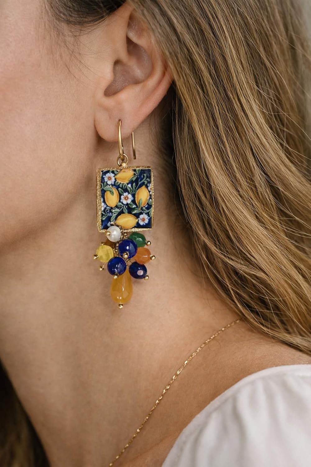 Orecchini in ceramica con Limoni e Pietre Dure