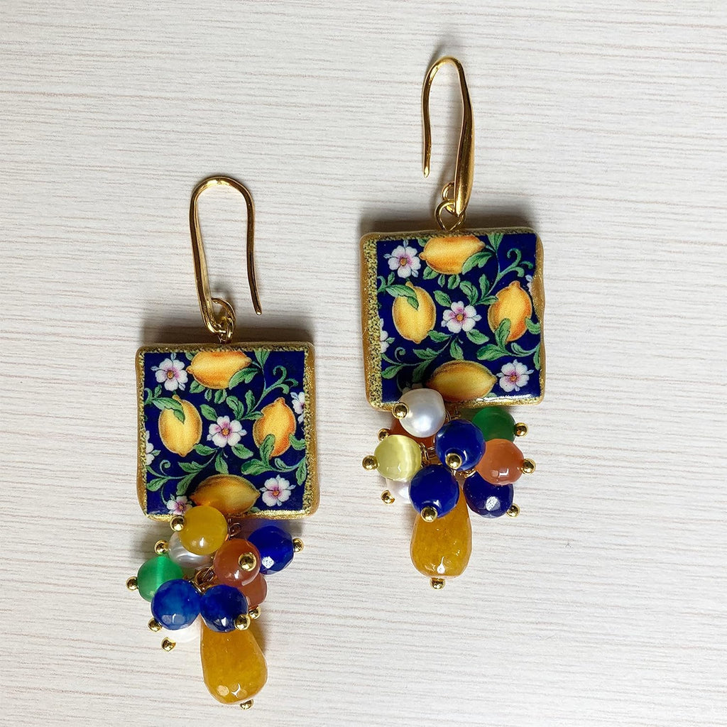 Orecchini in ceramica con Limoni e Pietre Dure